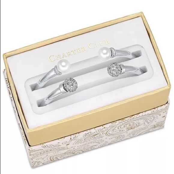 Charter Club 2 Piece Set Pavé Bead & Lavender Imitation Pearl Cuff Bracelets New - Picture 2 of 6